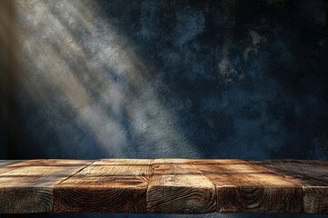 Old wood table with blurred concrete block wall in dark room background. - Powered by Adobe