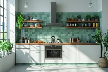 Scandinavian open style kitchen in grey color, green tiles