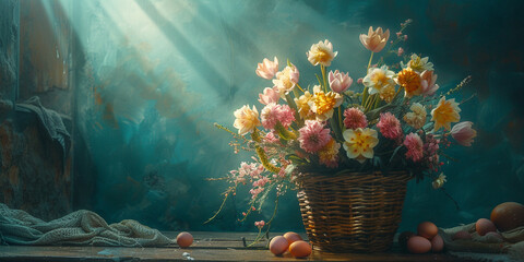 Easter egg and vase of flowers on the decoration on a living room with light wall background  - obrazy, fototapety, plakaty