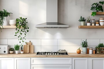 Silver cooker hood in minimal white kitchen interior with plant on wooden countertop. Real photo - obrazy, fototapety, plakaty