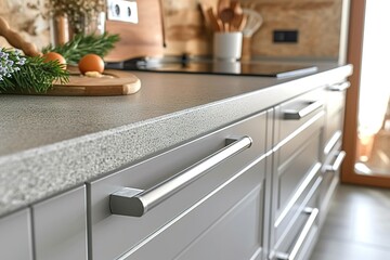 Stylish light gray handles on cabinets close-up, kitchen interior with modern furniture and stainless steel appliances. kitchen design in scandinavian style