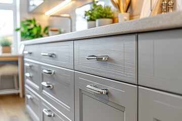 Stylish light gray handles on cabinets close-up, kitchen interior with modern furniture and stainless steel appliances. kitchen design in scandinavian style - obrazy, fototapety, plakaty