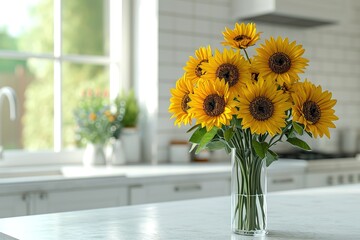 sunflowers bouquet in vase on the kitchen. View on white simple modern kitchen in scandinavian style