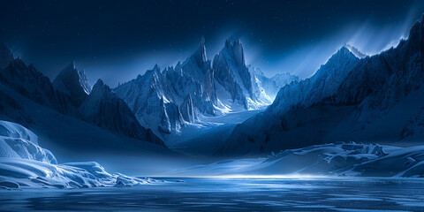 Fantastic winter epic landscape of mountains frozen nature mystic valley background - obrazy, fototapety, plakaty