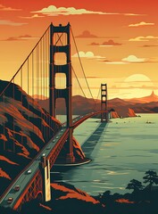 San Francisco's Golden Gate Bridge, illustrated in warm sunset tones against a serene sky, Poster Cover Design - obrazy, fototapety, plakaty