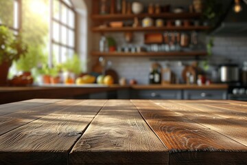 Table top and blurred kitchen room as background - obrazy, fototapety, plakaty