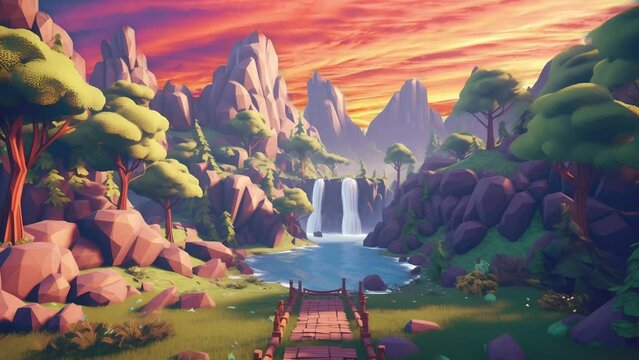 video animation video landscape cartoon  for game, sky, mountains, river, 19:6