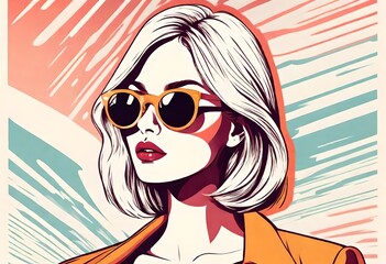 pop art style fashion portrait of a model girl in sunglasses. Poster or flyer in trendy retro...