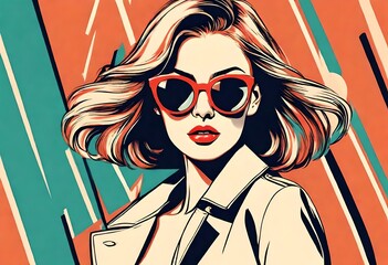 pop art style fashion portrait of a model girl in sunglasses. Poster or flyer in trendy retro colors. Vector illustration