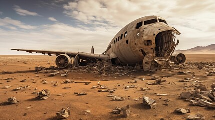 Wreckage of a plane in the vast desert.