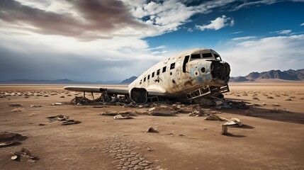 Wreckage of a plane in the vast desert.