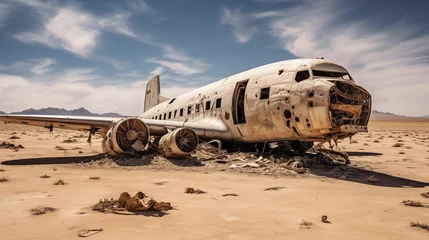 Papier Peint photo Ancien avion Wreckage of a plane in the vast desert.