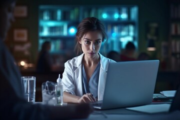 Digital Diagnosis: Female Doctor Utilizing Laptop Technology