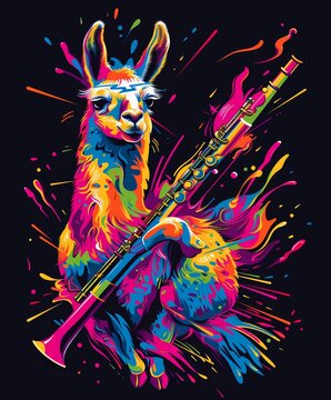An illustration vector designs a llama in a dynamic rockstar pose with electric waves and splashes of color emanating from the bassoon On black background