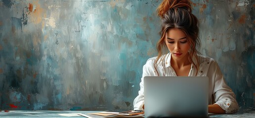 painting of a woman working with laptop - obrazy, fototapety, plakaty