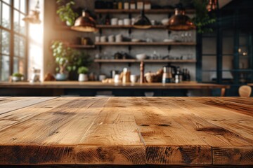Wooden counter with empty table top in kitchen, closeup