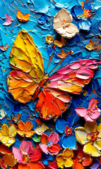 Abstract background of multicolored flowers and butterflies on a blue background