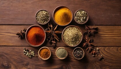 Obraz na płótnie Canvas Aromatic spices arranged on a rustic wooden surface