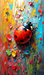 Oil painting of ladybug on canvas. Colorful background with ladybird.