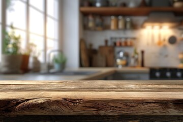 Wood table top on blur kitchen counter background.