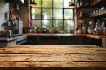Wood table top on blur kitchen room background .For montage product display or design key visual - obrazy, fototapety, plakaty
