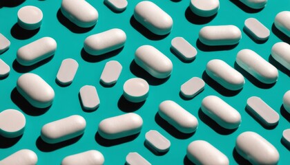  A collection of white pills on a teal background