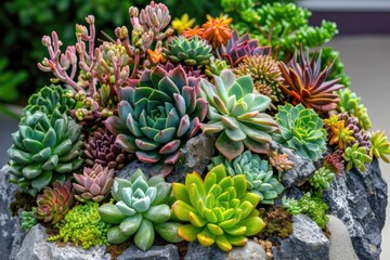 Varieties of different succulents plants in a garden.