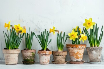 First spring flowers, daffodil plants in bulbs and pots. © kardaska