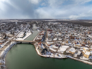 Winter aerial Image of the Seneca Falls, NY on a cloudy afternoon.