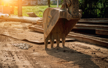 Big road construction site with special machinery in the construction area