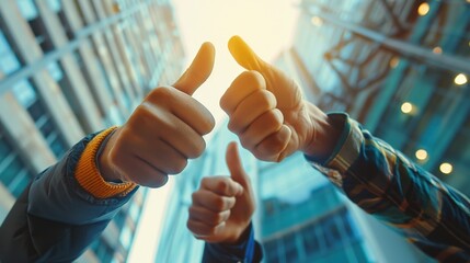 Business collaborators coordinate thumbs-up gestures to convey mutual agreement on a great meeting.