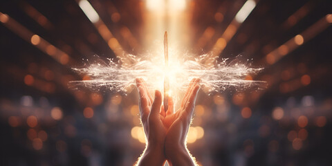 Christian worship hands reaching holy cross hands praying for blessing from god on sunset light Healing Energy feels like the beautiful tingling touch of Angel Feathers radiating sparkles Light. - obrazy, fototapety, plakaty