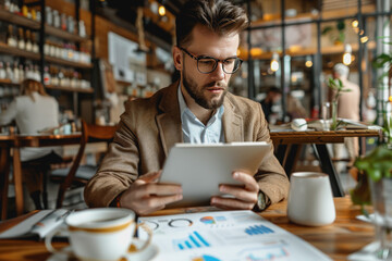 Fototapeta na wymiar Young entrepreneur analyzing digital financial charts on a tablet, coffee shop setting. AI Generated