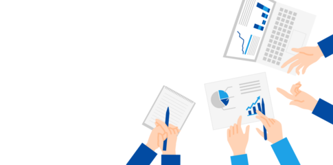 オフィスで資料を分析するビジネスパーソンの手の俯瞰イラスト