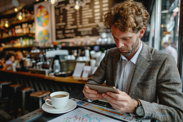Young entrepreneur analyzing digital financial charts on a tablet, coffee shop setting. AI Generated