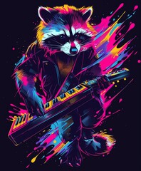 An illustration vector designs a raccoon in a dynamic rockstar pose with electric waves and splashes of color emanating from the keytar On black background