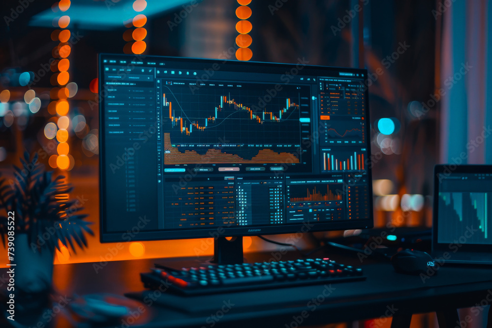 Poster a computer monitor displays a graph showing the price of bitcoin