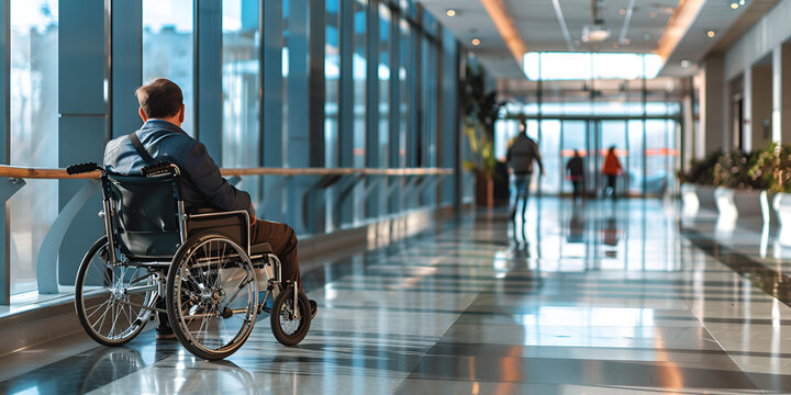 Disabled man on wheelchair User Navigating in hospital depicting strength and capability despite handicap a wheelchair-bound elderly patient hoping to someone manage and care about him. 