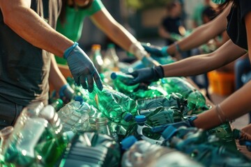 Close-up, Urban eco warriors engaging in community recycling, vibrant green initiatives backdrop, World Recycling Day
