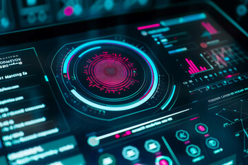 A computer screen shows a circular display with a red center