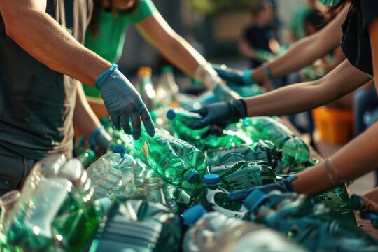 Close-up, Urban eco warriors engaging in community recycling, vibrant green initiatives backdrop, World Recycling Day
