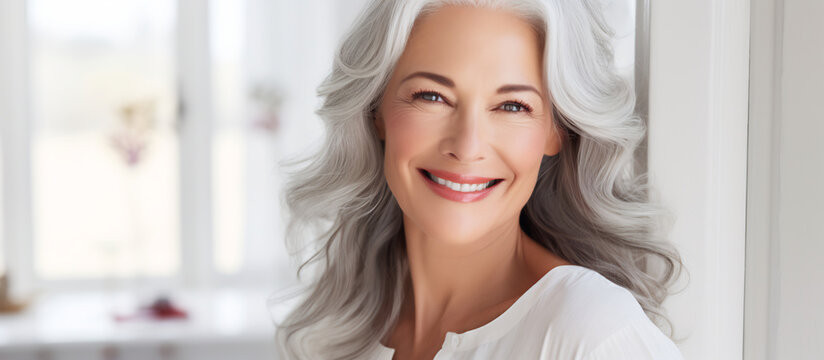 Graceful Mature Woman with Elegant Silver Hair Smiling. Purity and Serenity in Aging