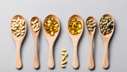  A variety of supplements, neatly arranged in wooden spoons - obrazy, fototapety, plakaty