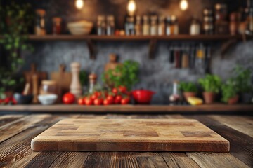 blurred rustic kitchen interior - focus on cutting board