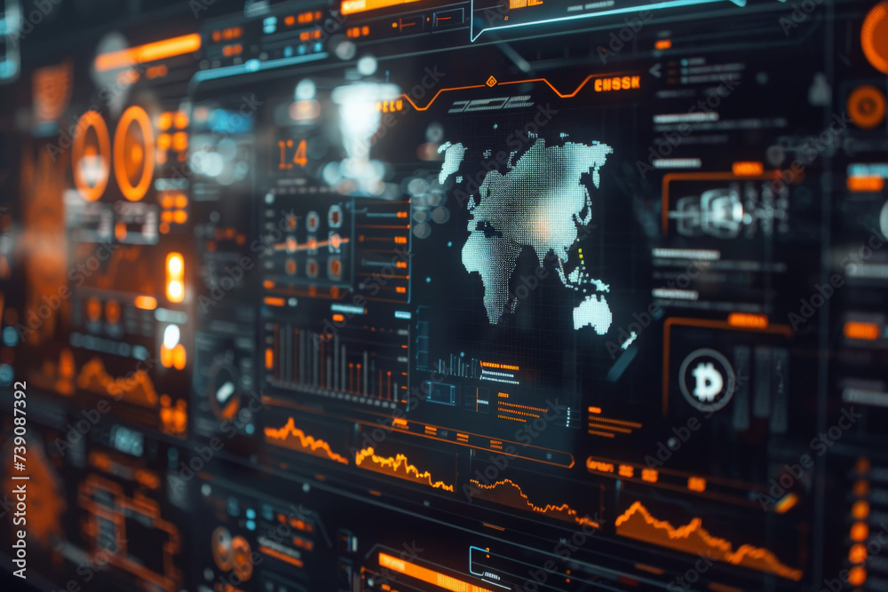 Poster a computer screen with a map of the world on it