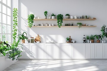 Close view on bright kitchen room interior with white wall