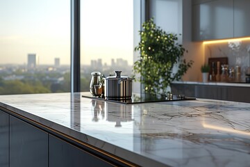 Close up of modern marble kitchen island with glass kettle, various objects, window with city view...