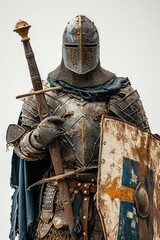 A knight in armor with a shield and sword. A stoic knight stands tall, his glistening armor a symbol of bravery and protection, as he guards a statue of valor in a display of timeless art