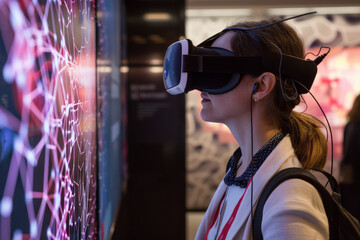 A woman wearing a virtual reality headset looks at a screen