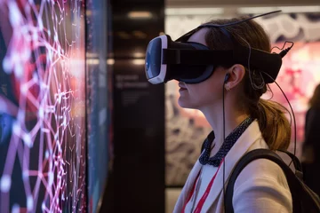 Photo sur Aluminium Magasin de musique A woman wearing a virtual reality headset looks at a screen